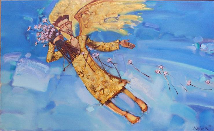 Sentencje-Obrazy z Aniołami - Ten i ów Anioł po to jest skrzydlaty, aby spod błękitu rozsiewał dziewczynom  kwiaty.jpg